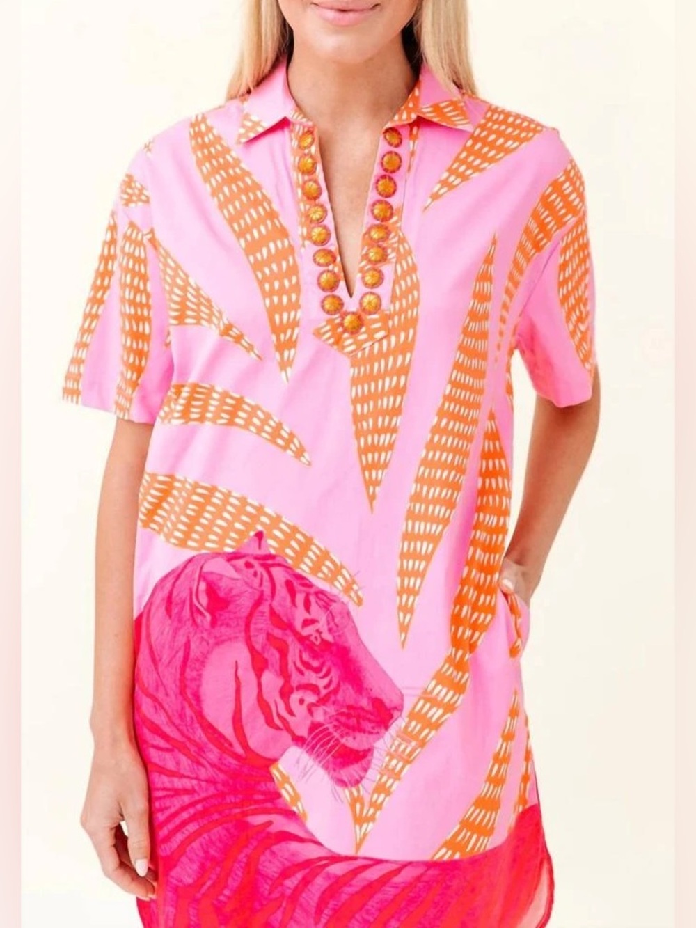 Sheridan French Candy Pink Tigress Rhodes Tunic Dress Beaded Cotton Shift Medium